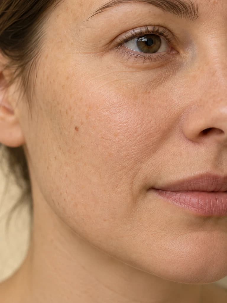 Policzek przed: widoczna drobna, sucha tekstura skóry.